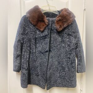 Vintage Black Curly Lambswool Swing Coat with Mink Fur